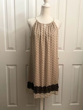 Beige Polka Dot Halter Dress with Black Lace Trim